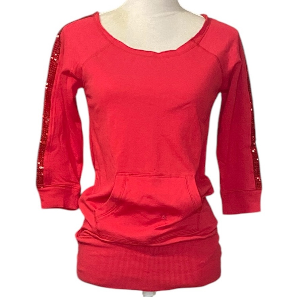 Bongo Red 3/4 Sleeve Top Sequins Stripe Sz M